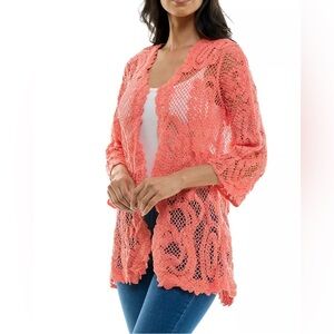 Women's Nina Leonard Coral Scalloped Edge Crotchet Open Cardigan Sz M